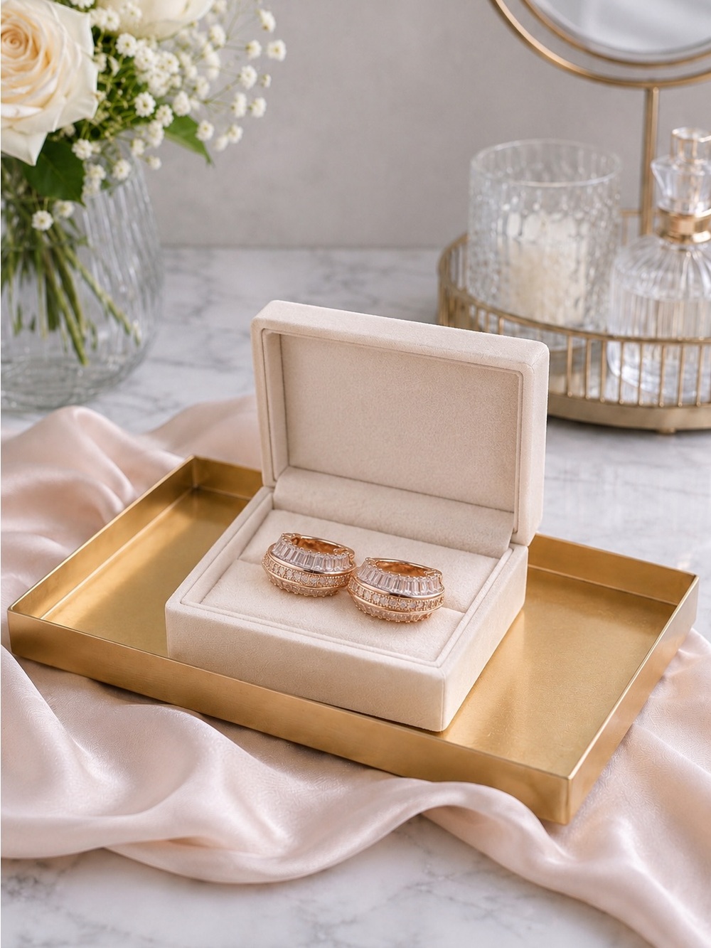 NWOT Rose Gold Baguette CZ Double Halo Huggie Hoop Earrings